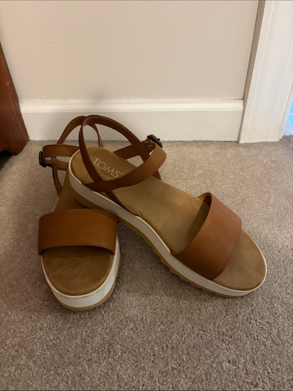 TOMS Brown Leather Platform Sandals with Ankle Strap